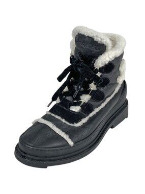 Chanel CC Logo Fleece Short Boots Shoes Shearling Leather Black